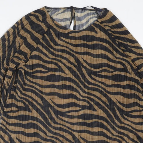 Marks and Spencer Womens Brown Animal Print Polyester Basic Blouse Size 12 Round Neck - Zebra Pattern