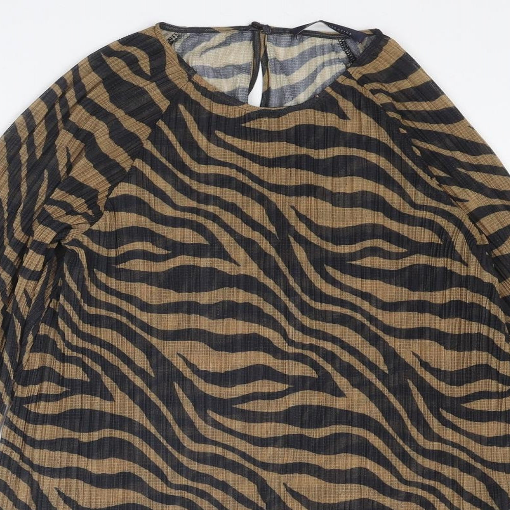 Marks and Spencer Womens Brown Animal Print Polyester Basic Blouse Size 12 Round Neck - Zebra Pattern