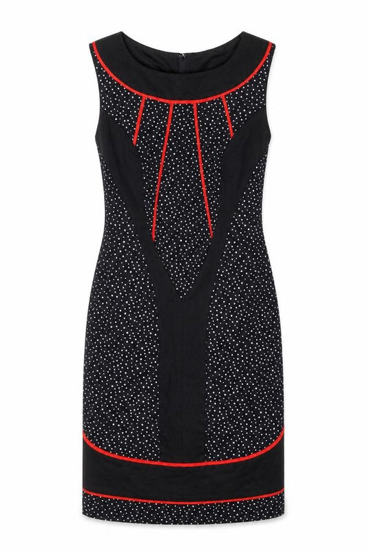 Front view of BNY women’s black geometric polyester shift, size UK 10, round neck zip
