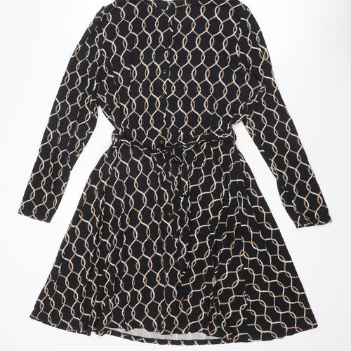 Dorothy Perkins Womens Black Geometric Viscose A-Line Size 16 Round Neck Button