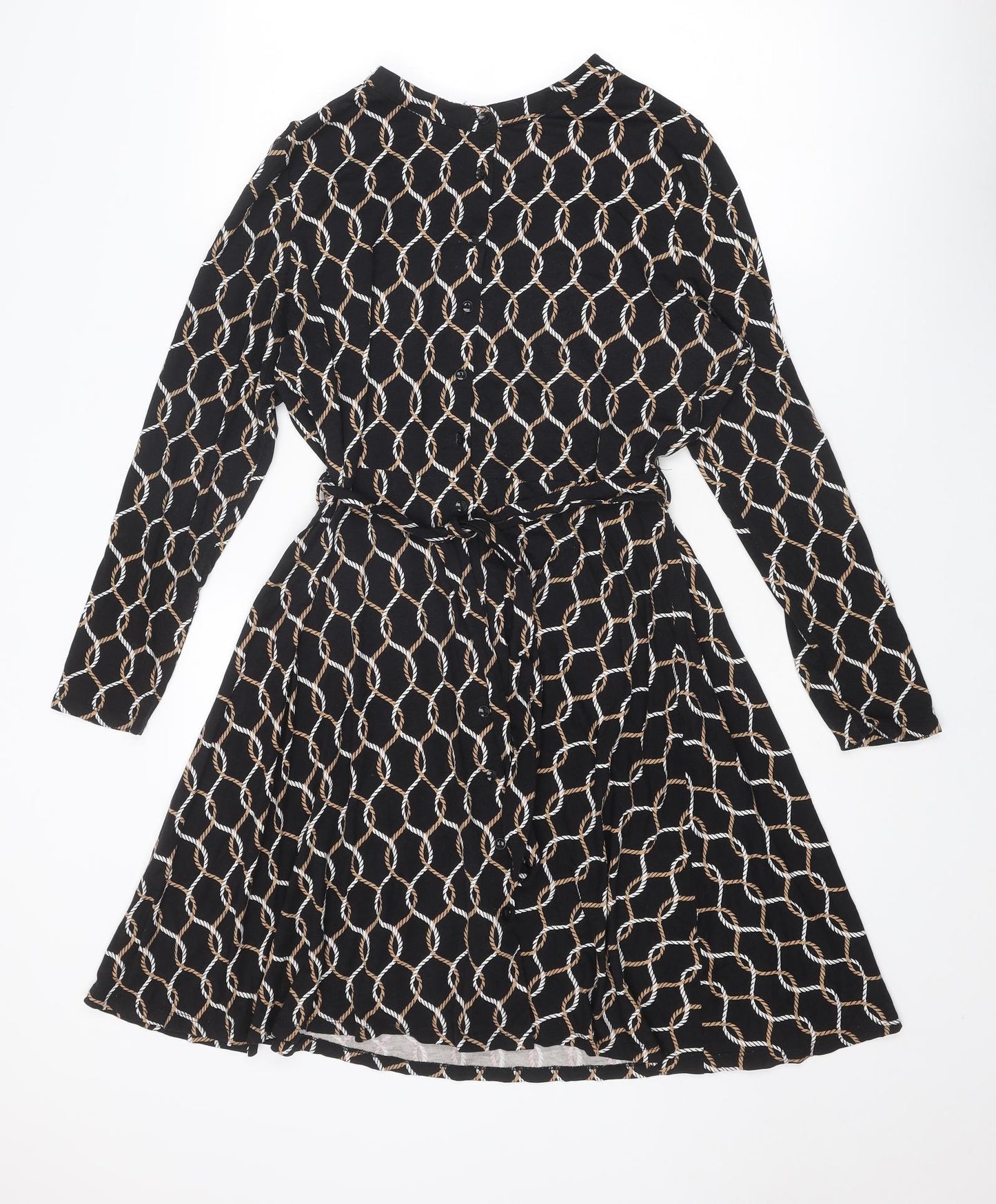 Dorothy Perkins Womens Black Geometric Viscose A-Line Size 16 Round Neck Button