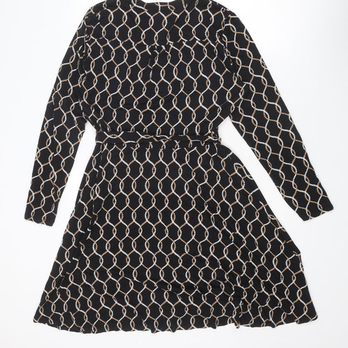 Dorothy Perkins Womens Black Geometric Viscose A-Line Size 16 Round Neck Button