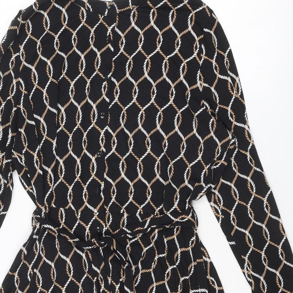 Dorothy Perkins Womens Black Geometric Viscose A-Line Size 16 Round Neck Button