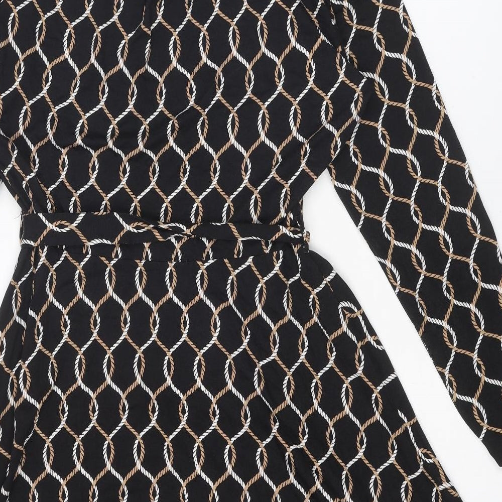 Dorothy Perkins Womens Black Geometric Viscose A-Line Size 16 Round Neck Button