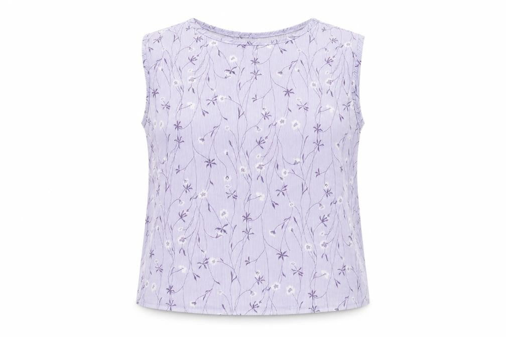 Front view of TWOTONE women’s purple geometric polyester basic tank, size UK 16, round neck
