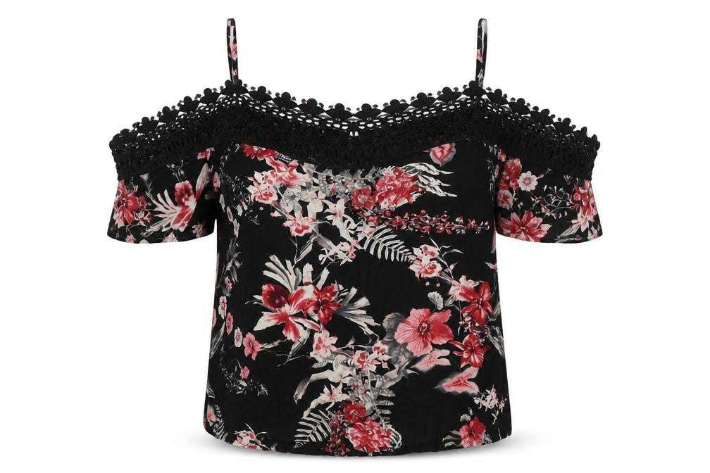 Front view of Voyelles women’s multicoloured floral viscose basic blouse, size M, round neck - cold shoulder
