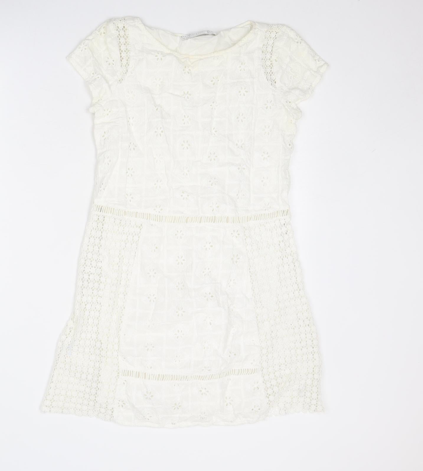 Zara Womens White Polyester Mini Size S Round Neck Pullover - Broderie Anglaise