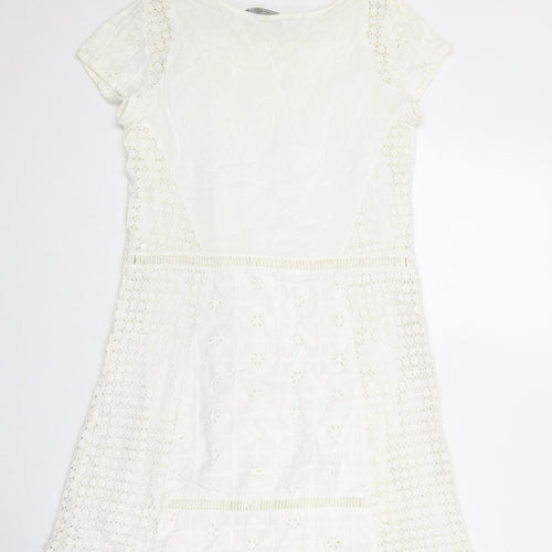 Zara Womens White Polyester Mini Size S Round Neck Pullover - Broderie Anglaise