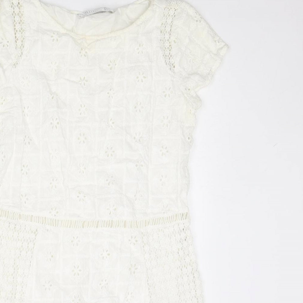 Zara Womens White Polyester Mini Size S Round Neck Pullover - Broderie Anglaise