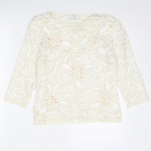 Tia Womens Ivory Polyester Basic Blouse Size 12 Round Neck