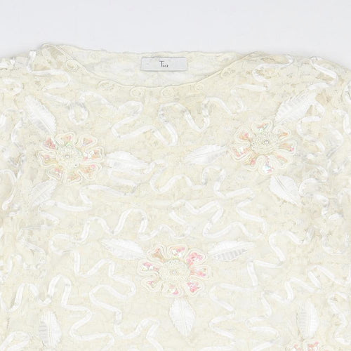 Tia Womens Ivory Polyester Basic Blouse Size 12 Round Neck