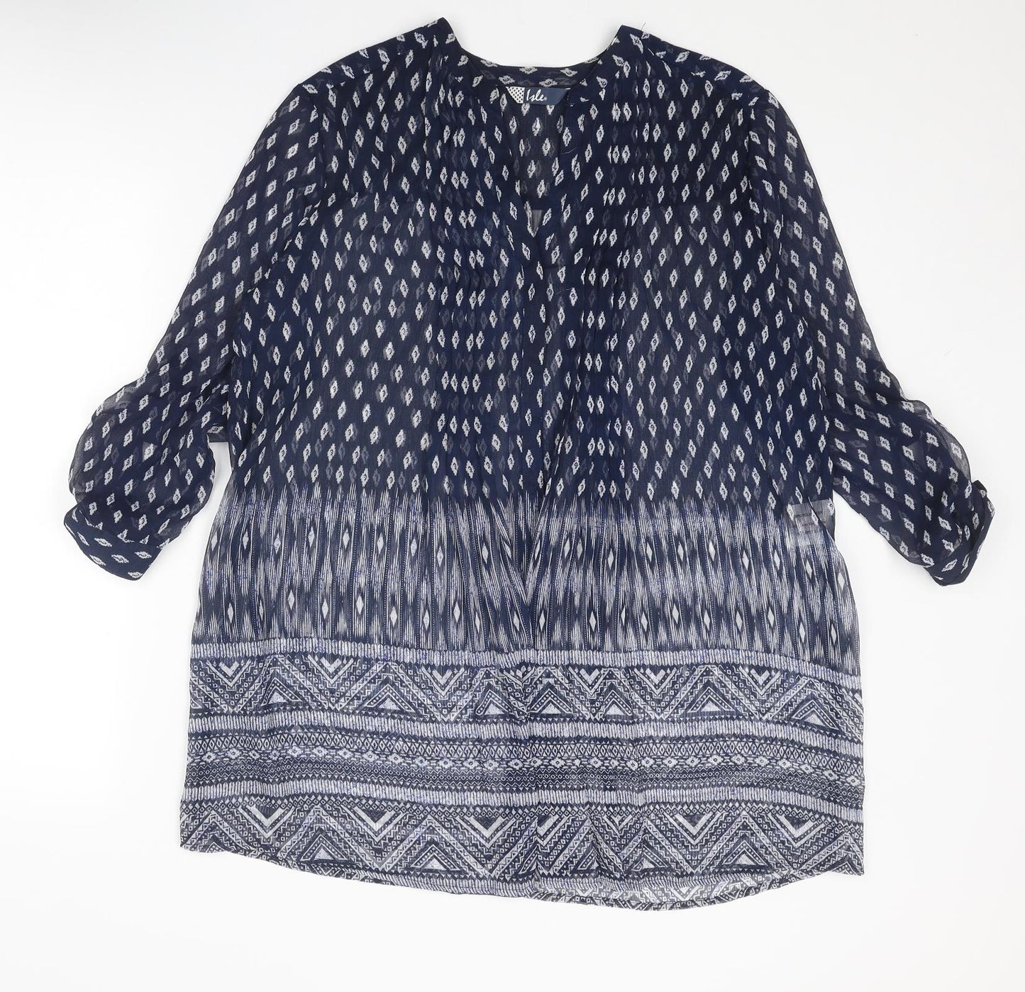 EWM Womens Blue Geometric Polyester Basic Blouse Size 10 V-Neck