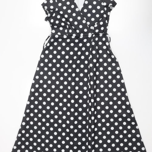 Boohoo Womens Black Polka Dot Polyester A-Line Size 8 V-Neck Tie