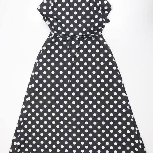 Boohoo Womens Black Polka Dot Polyester A-Line Size 8 V-Neck Tie