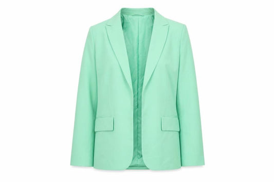 Front view of Marks & Spencer women’s green polyester jacket suit jacket, size UK 12, - open style