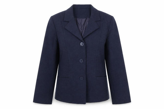 Front view of EWM women’s blue polyester jacket suit jacket, size UK 12
