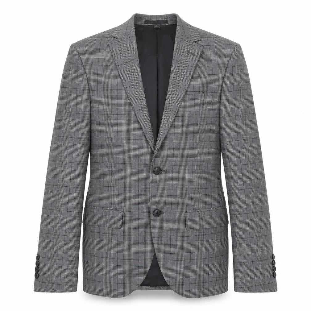 Front view of Marks & Spencer men’s grey plaid polyester jacket suit jacket, size 36, regular
