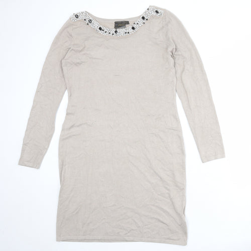 bpc Womens Beige Viscose Shift Size M Round Neck Pullover