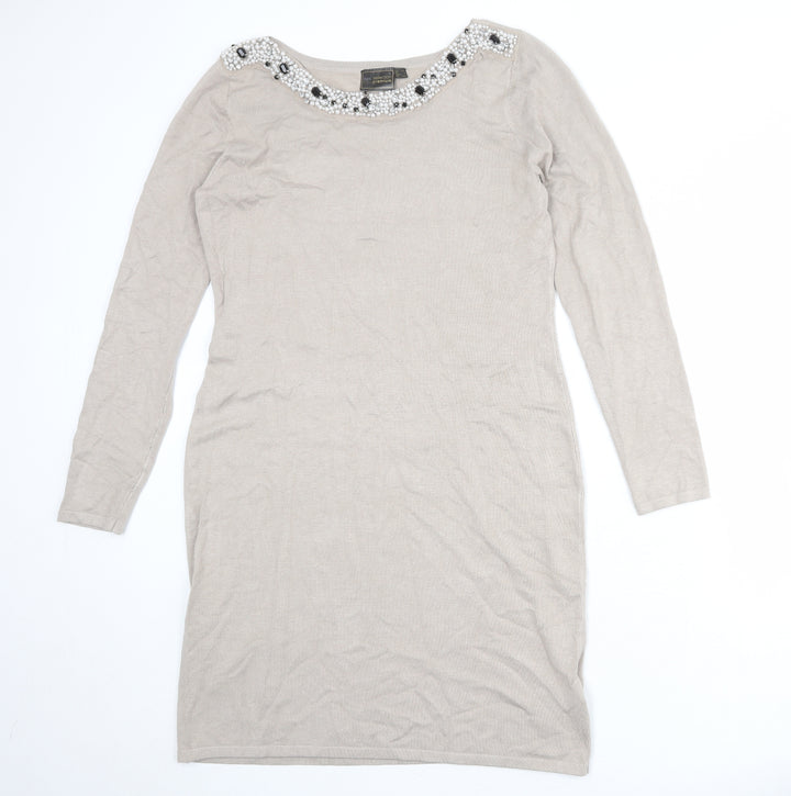 bpc Womens Beige Viscose Shift Size M Round Neck Pullover