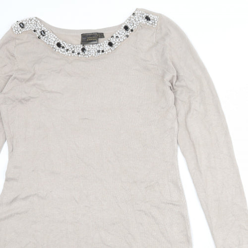 bpc Womens Beige Viscose Shift Size M Round Neck Pullover