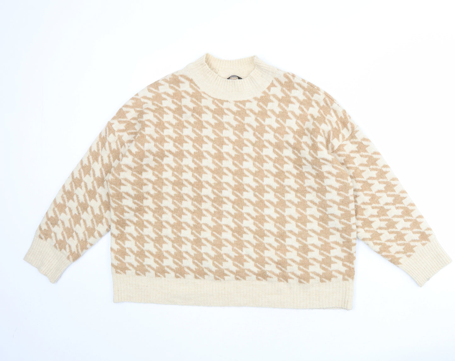 M&Co Womens Beige Mock Neck Floral Acrylic Pullover Jumper Size 18 - Houndstooth pattern