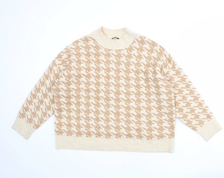 M&Co Womens Beige Mock Neck Floral Acrylic Pullover Jumper Size 18 - Houndstooth pattern