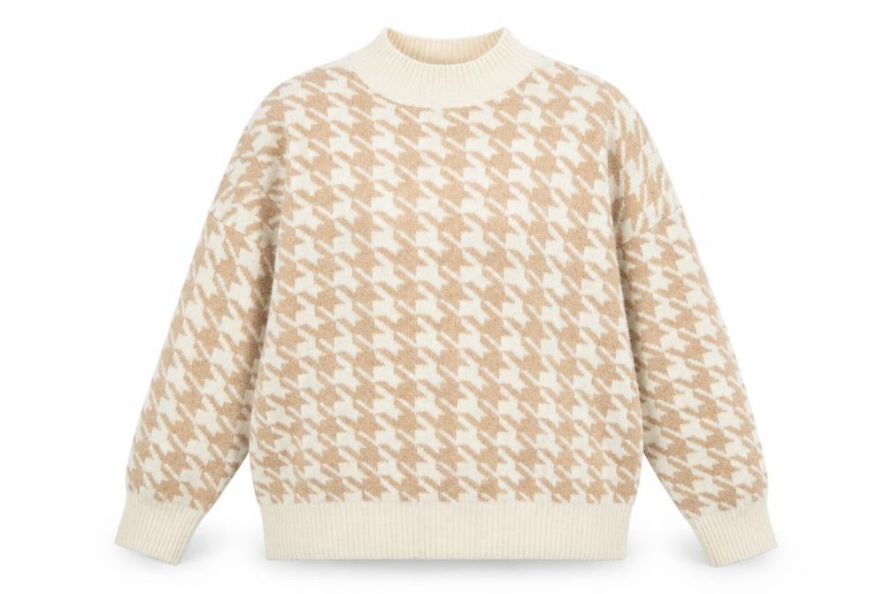 Front view of M&Co women’s beige mock neck floral acrylic jumper, size UK 18, - houndstooth pattern