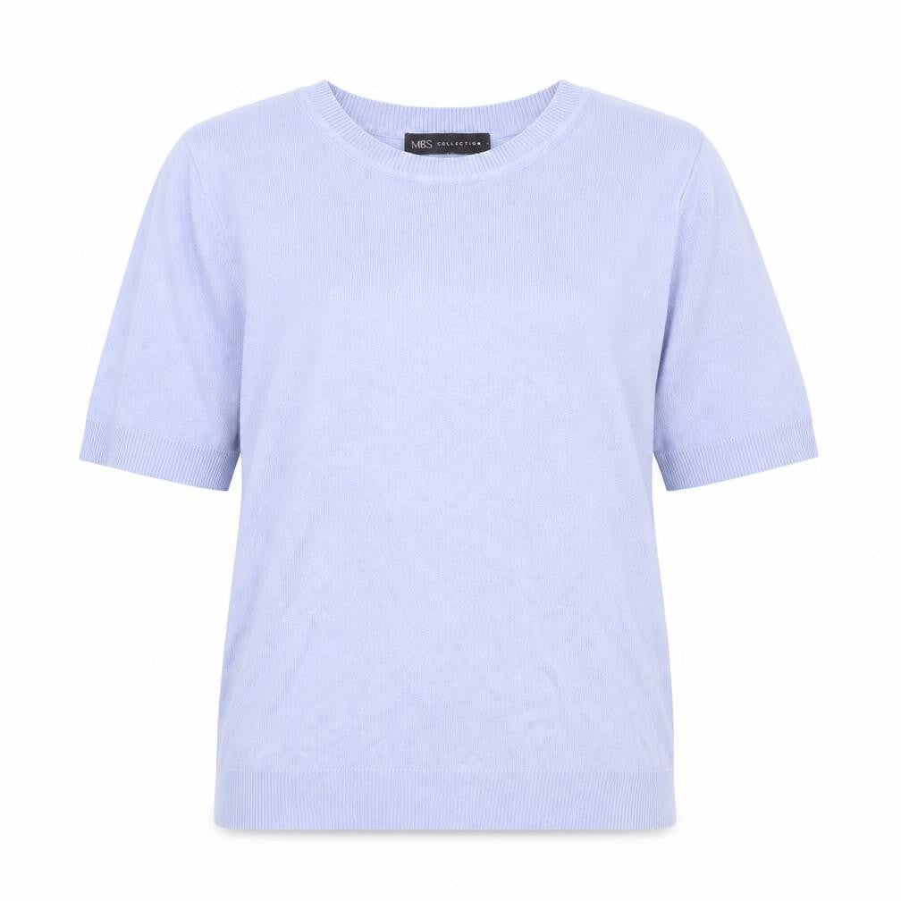 Front view of Marks & Spencer women’s blue round neck viscose jumper, size UK 10