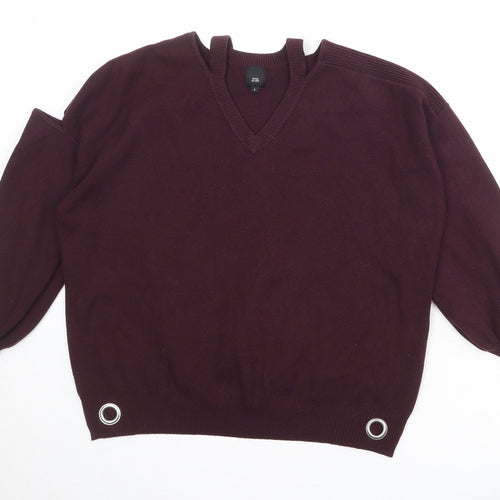 River Island Womens Red V-Neck Acrylic Pullover Jumper Size S - Cut out Detail