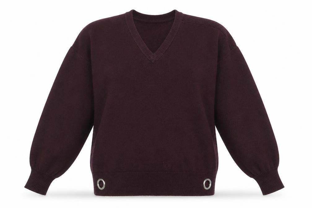 Front view of River Island women’s red v-neck acrylic jumper, size S, - cut out detail