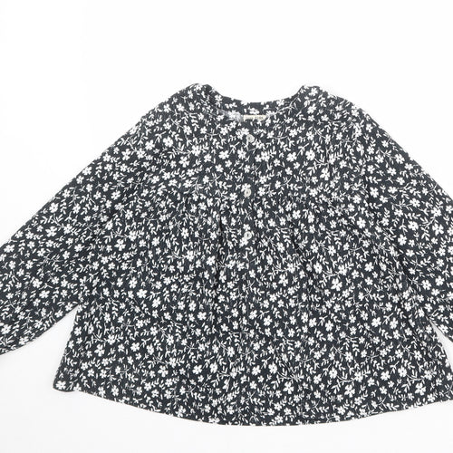 Zara Girls Black Floral Polyester Basic Blouse Size 8 Years Boat Neck Button