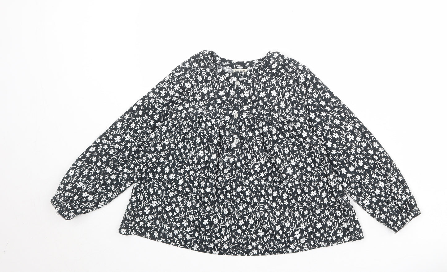 Zara Girls Black Floral Polyester Basic Blouse Size 8 Years Boat Neck Button