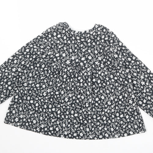 Zara Girls Black Floral Polyester Basic Blouse Size 8 Years Boat Neck Button