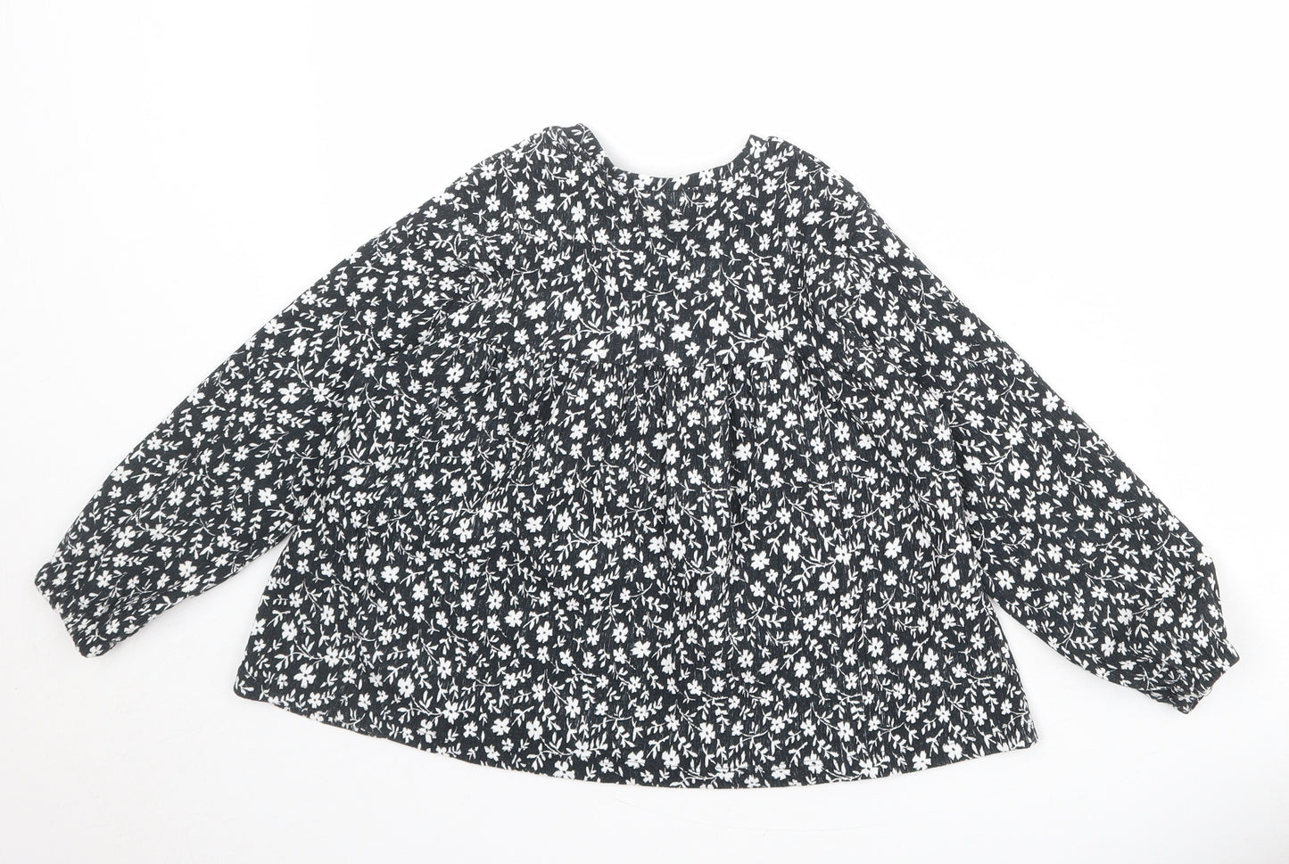 Zara Girls Black Floral Polyester Basic Blouse Size 8 Years Boat Neck Button