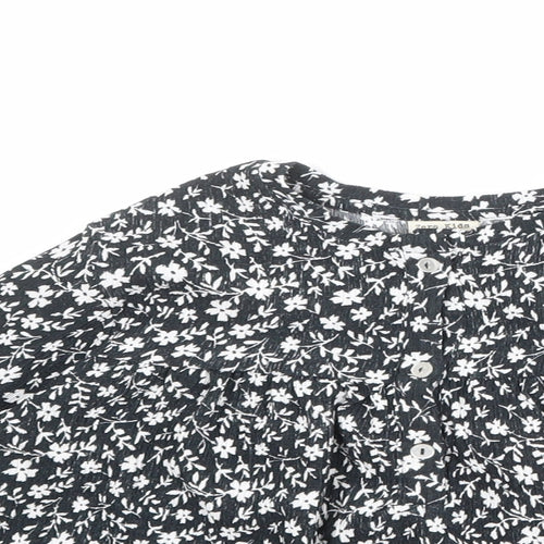 Zara Girls Black Floral Polyester Basic Blouse Size 8 Years Boat Neck Button