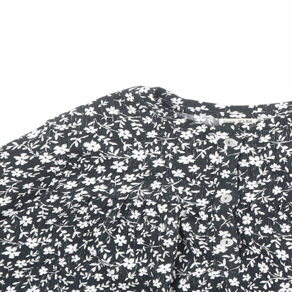 Zara Girls Black Floral Polyester Basic Blouse Size 8 Years Boat Neck Button