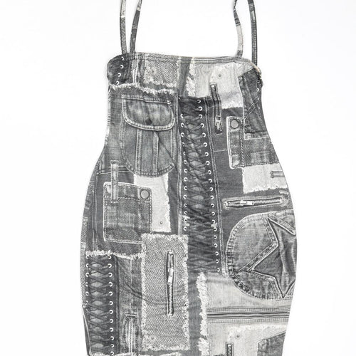 PRETTYLITTLETHING Womens Multicoloured Geometric Polyester Tank Dress Size 8 Square Neck Pullover
