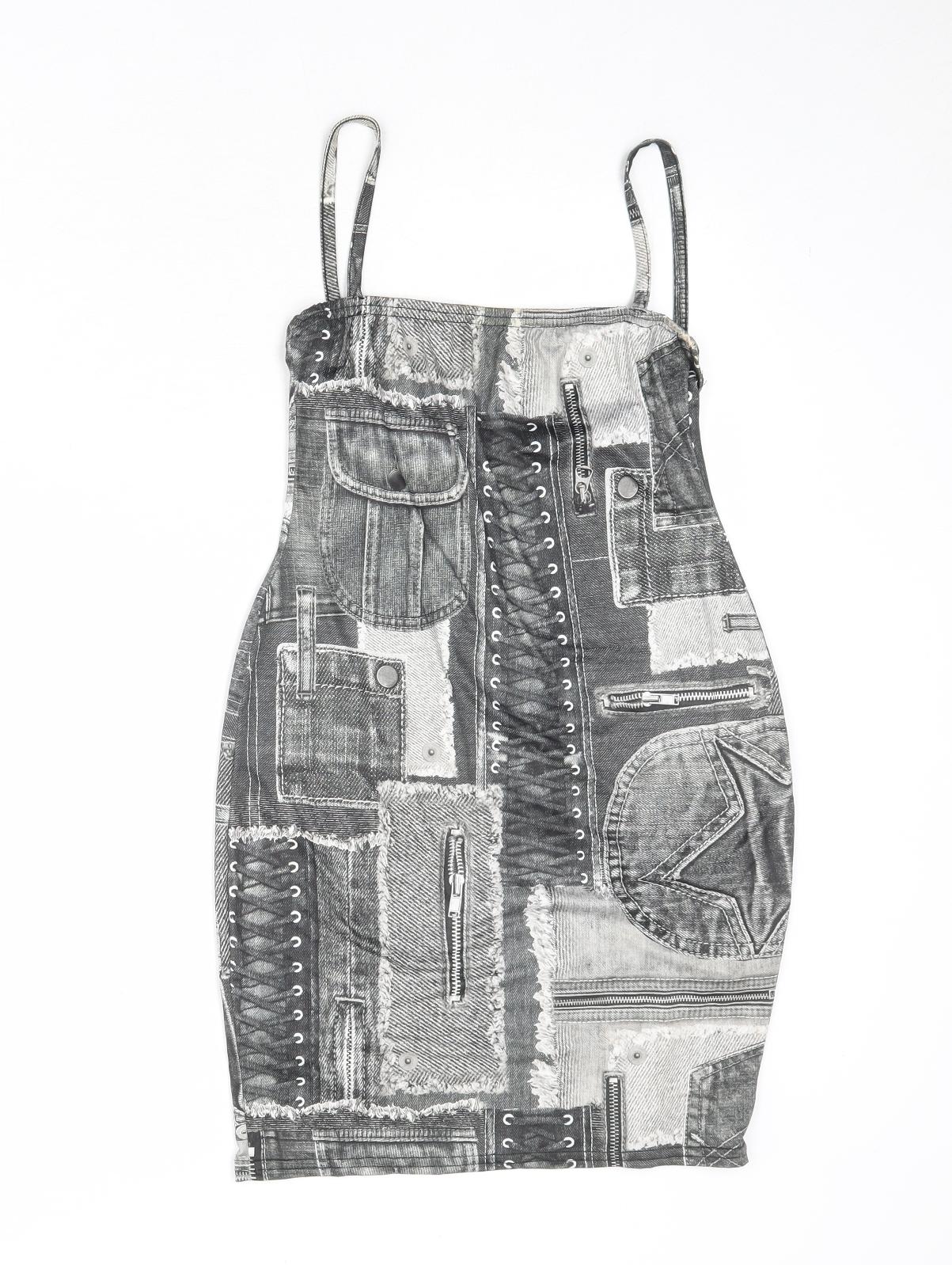 PRETTYLITTLETHING Womens Multicoloured Geometric Polyester Tank Dress Size 8 Square Neck Pullover
