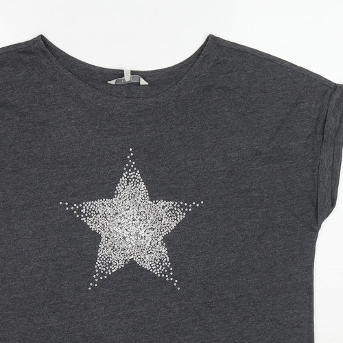 NEXT Womens Grey Cotton Basic T-Shirt Size 16 Round Neck - Star Print