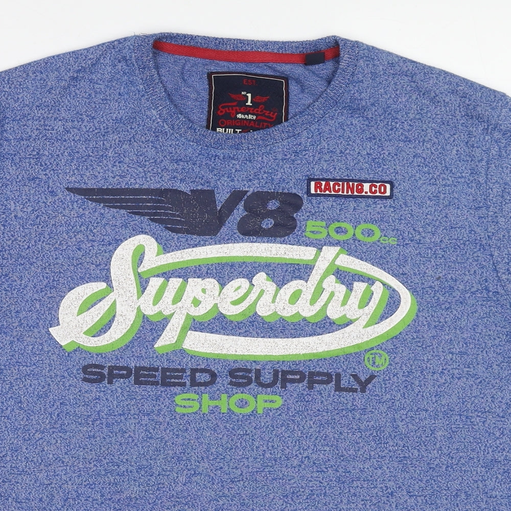 Superdry Mens Blue Cotton T-Shirt Size 2XL Crew Neck