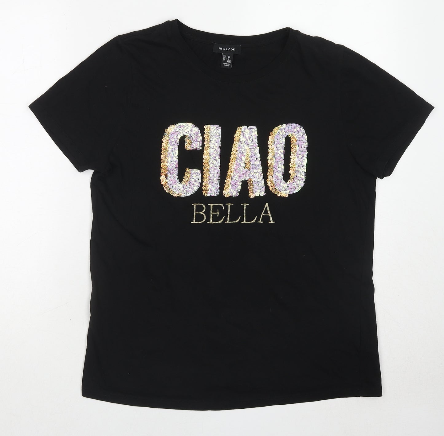 New Look Womens Black Cotton Basic T-Shirt Size 16 Round Neck - Ciao Bella