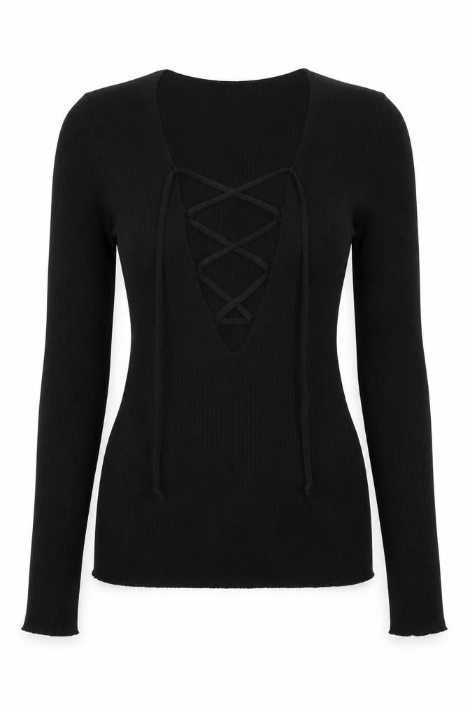 Front view of Zara women’s black polyamide basic t-shirt, size S, v-neck