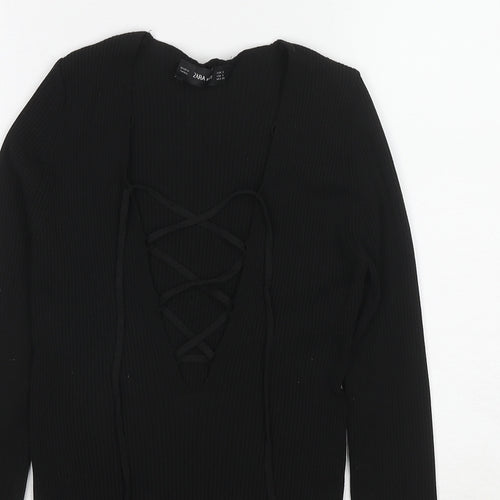 Zara Womens Black Polyamide Basic T-Shirt Size S V-Neck