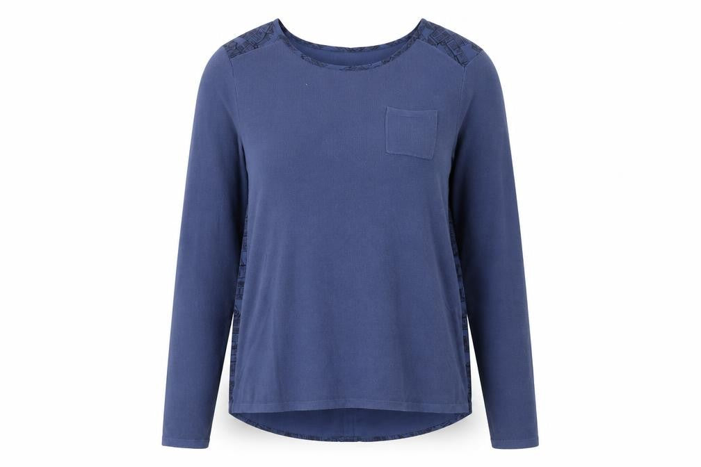 Front view of Next women’s blue round neck cotton jumper, size UK 10, - town house print