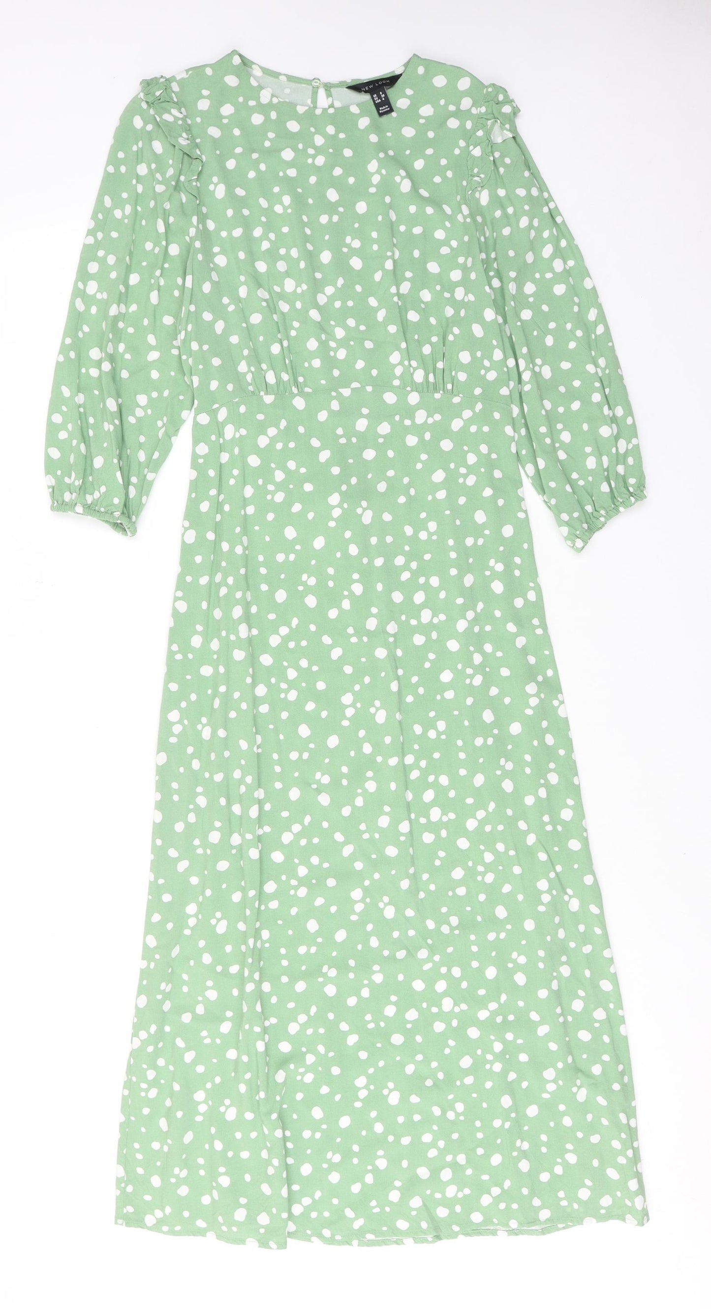 New Look Womens Green Geometric Viscose Maxi Size 8 Collared Button - Spotted
