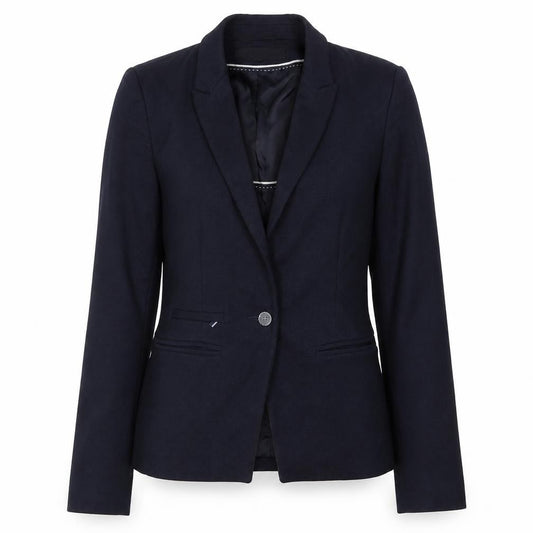 Front view of Next women’s blue polyester jacket suit jacket, size UK 10