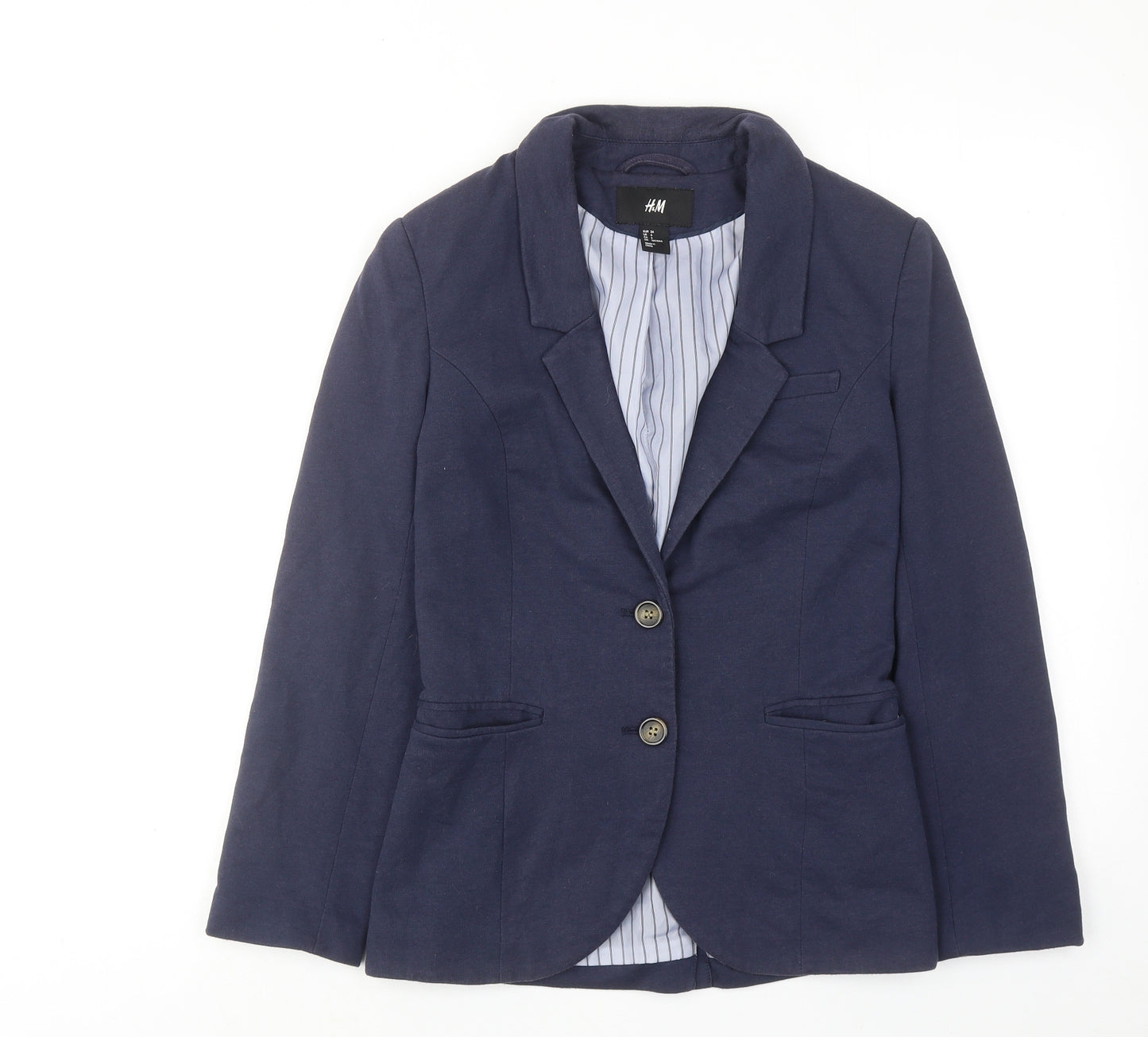 H&M Womens Blue Jacket Blazer Size 8 Button - Elbow Patches