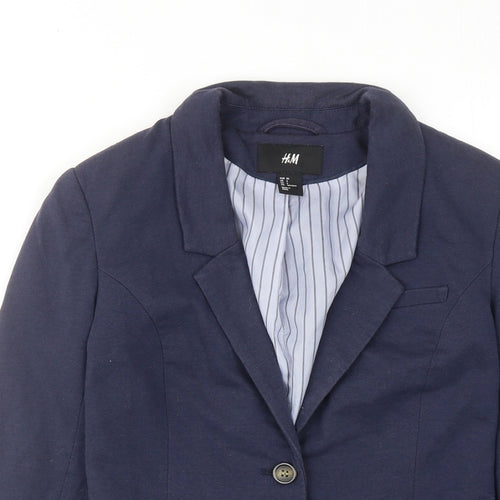 H&M Womens Blue Jacket Blazer Size 8 Button - Elbow Patches