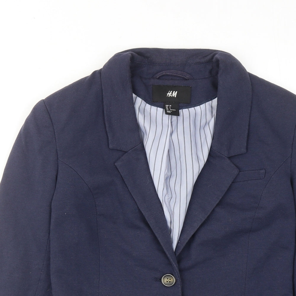 H&M Womens Blue Jacket Blazer Size 8 Button - Elbow Patches