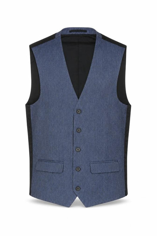 Front view of Next men’s blue polyester jacket suit waistcoat, size 34, regular